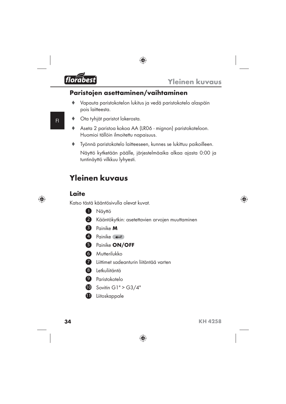 Yleinen kuvaus, Paristojen asettaminen/vaihtaminen, Laite | Florabest KH 4258 User Manual | Page 36 / 98