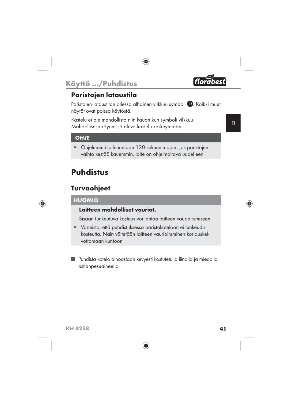 Puhdistus, Käyttö …/puhdistus, Paristojen lataustila | Turvaohjeet | Florabest KH 4258 User Manual | Page 43 / 98