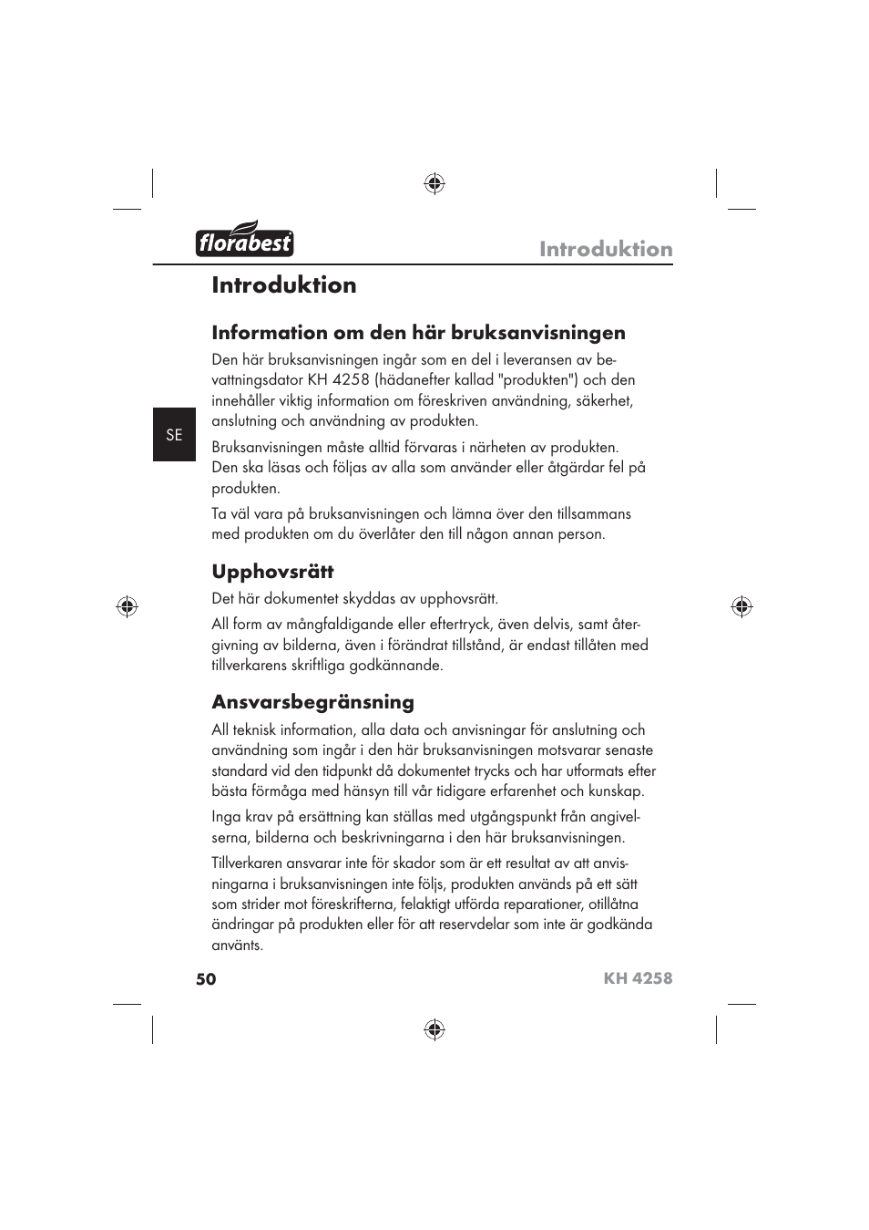 Introduktion, Information om den här bruksanvisningen, Upphovsrätt | Ansvarsbegränsning | Florabest KH 4258 User Manual | Page 52 / 98