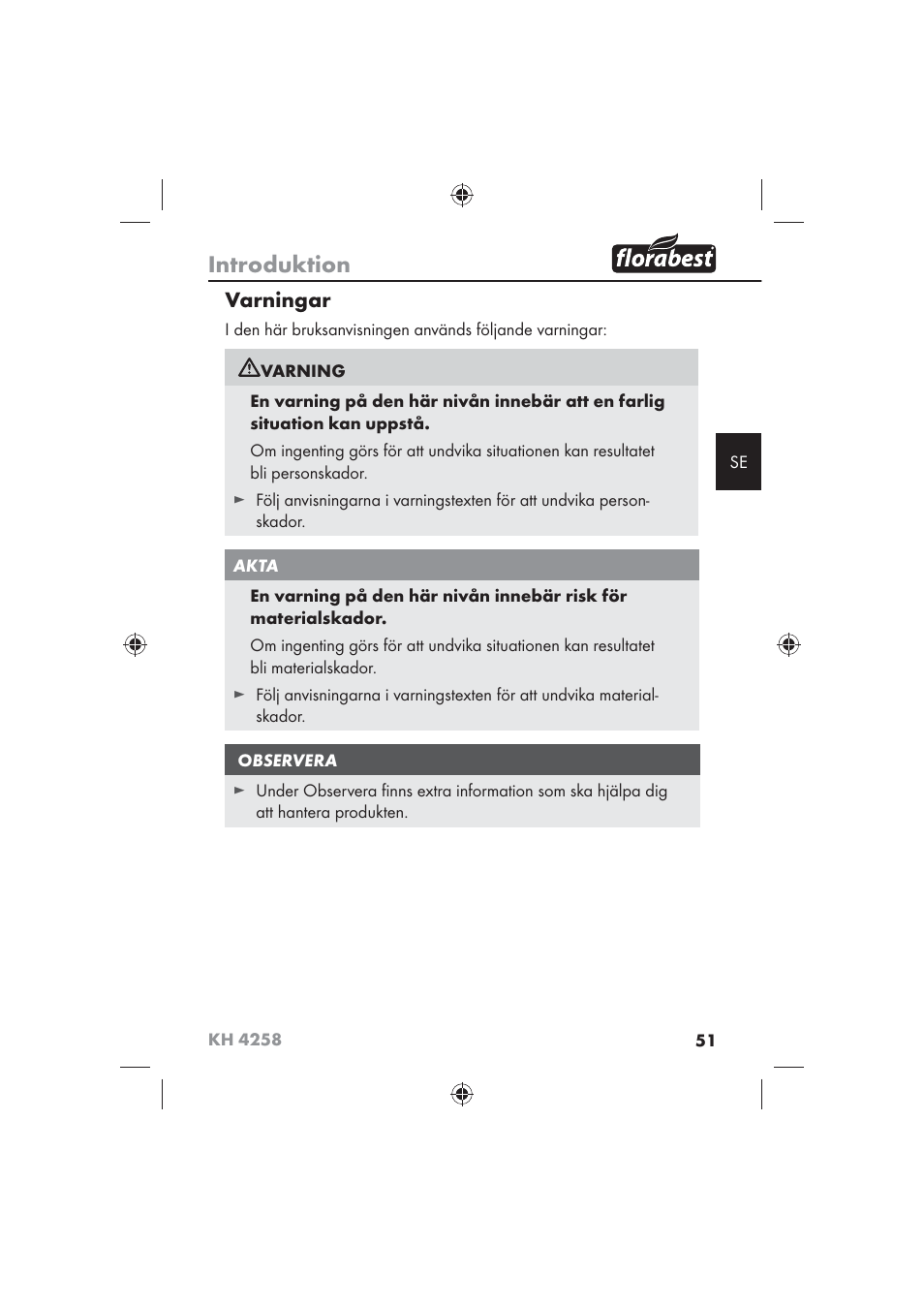 Introduktion, Varningar | Florabest KH 4258 User Manual | Page 53 / 98