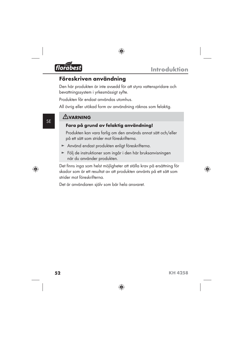 Introduktion, Föreskriven användning | Florabest KH 4258 User Manual | Page 54 / 98