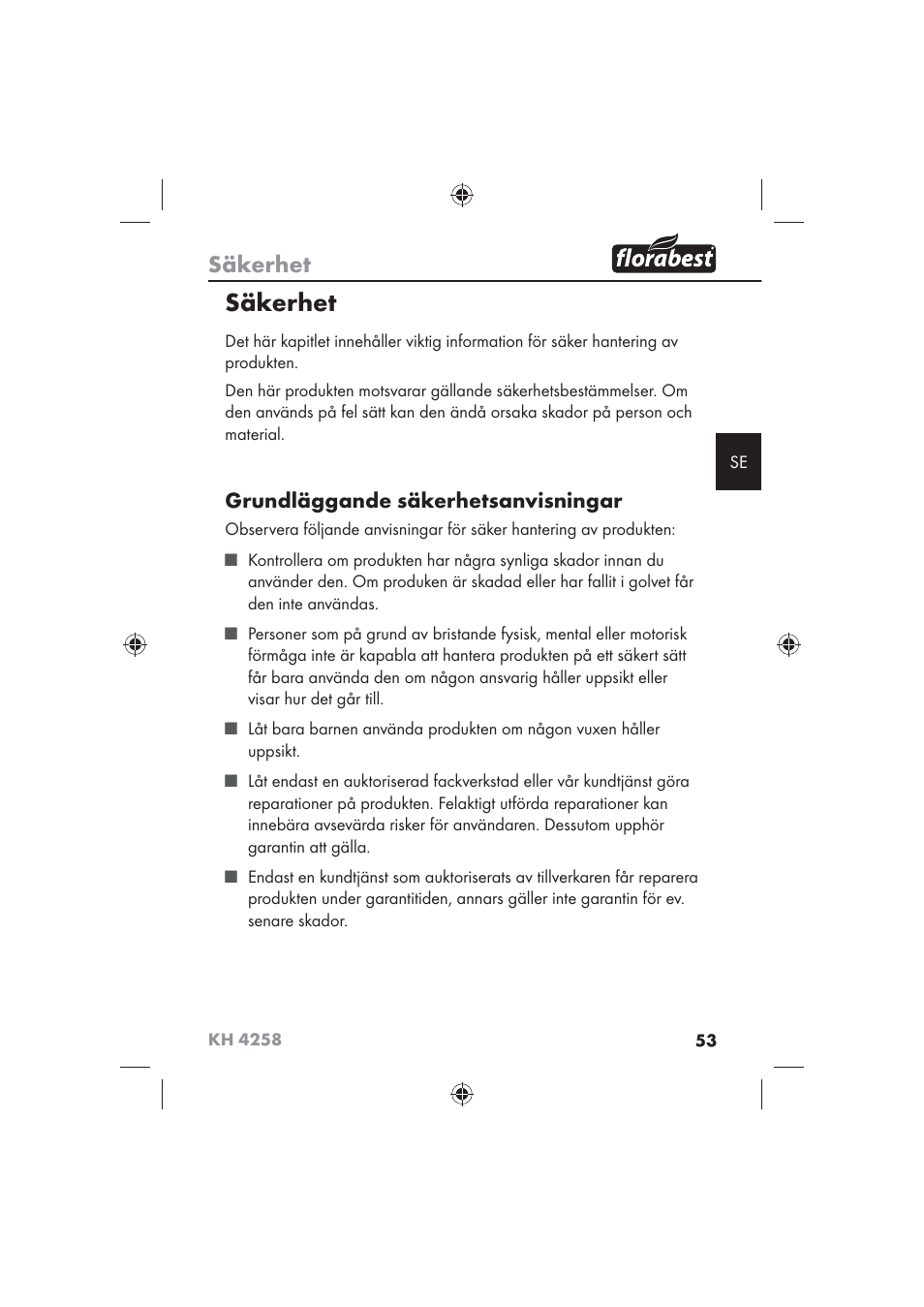 Säkerhet, Grundläggande säkerhetsanvisningar | Florabest KH 4258 User Manual | Page 55 / 98