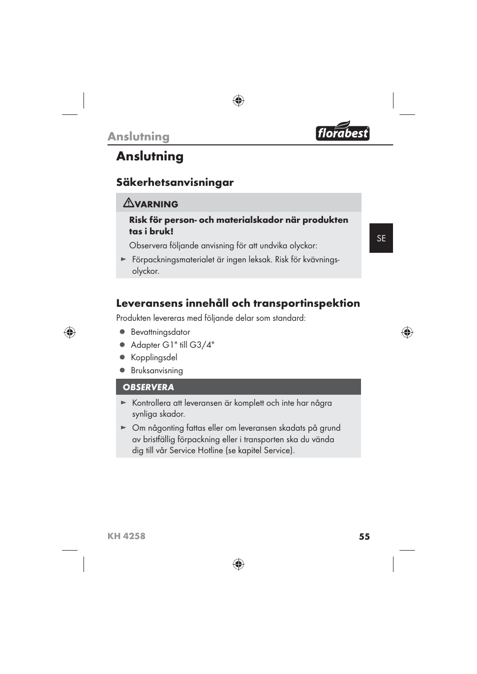 Anslutning, Säkerhetsanvisningar, Leveransens innehåll och transportinspektion | Florabest KH 4258 User Manual | Page 57 / 98