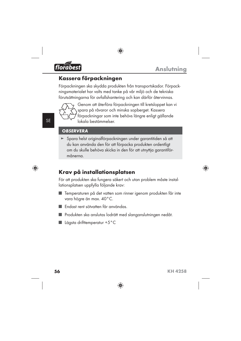 Anslutning, Kassera förpackningen, Krav på installationsplatsen | Florabest KH 4258 User Manual | Page 58 / 98