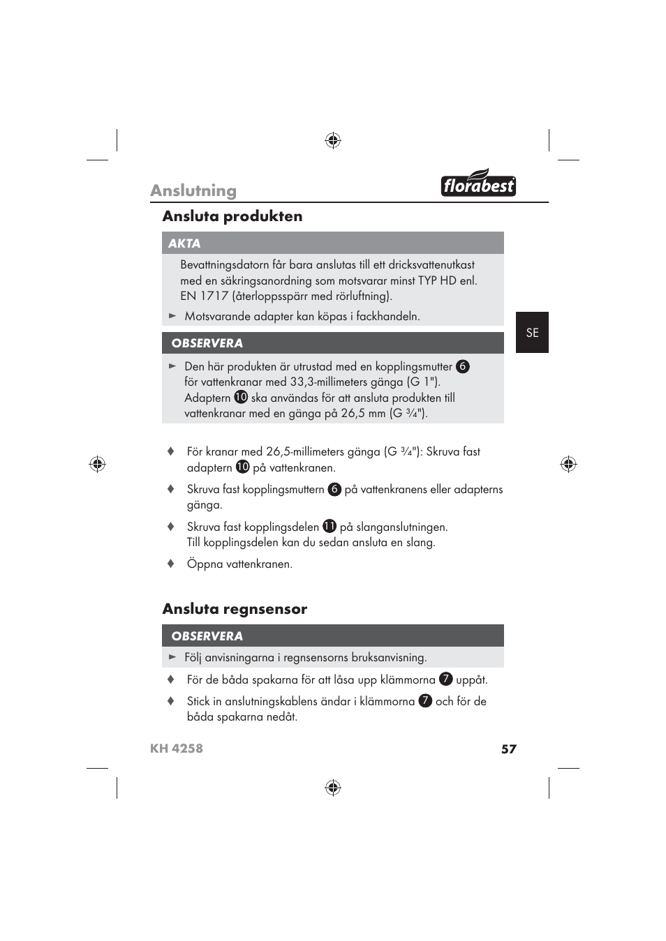 Anslutning, Ansluta produkten, Ansluta regnsensor | Florabest KH 4258 User Manual | Page 59 / 98