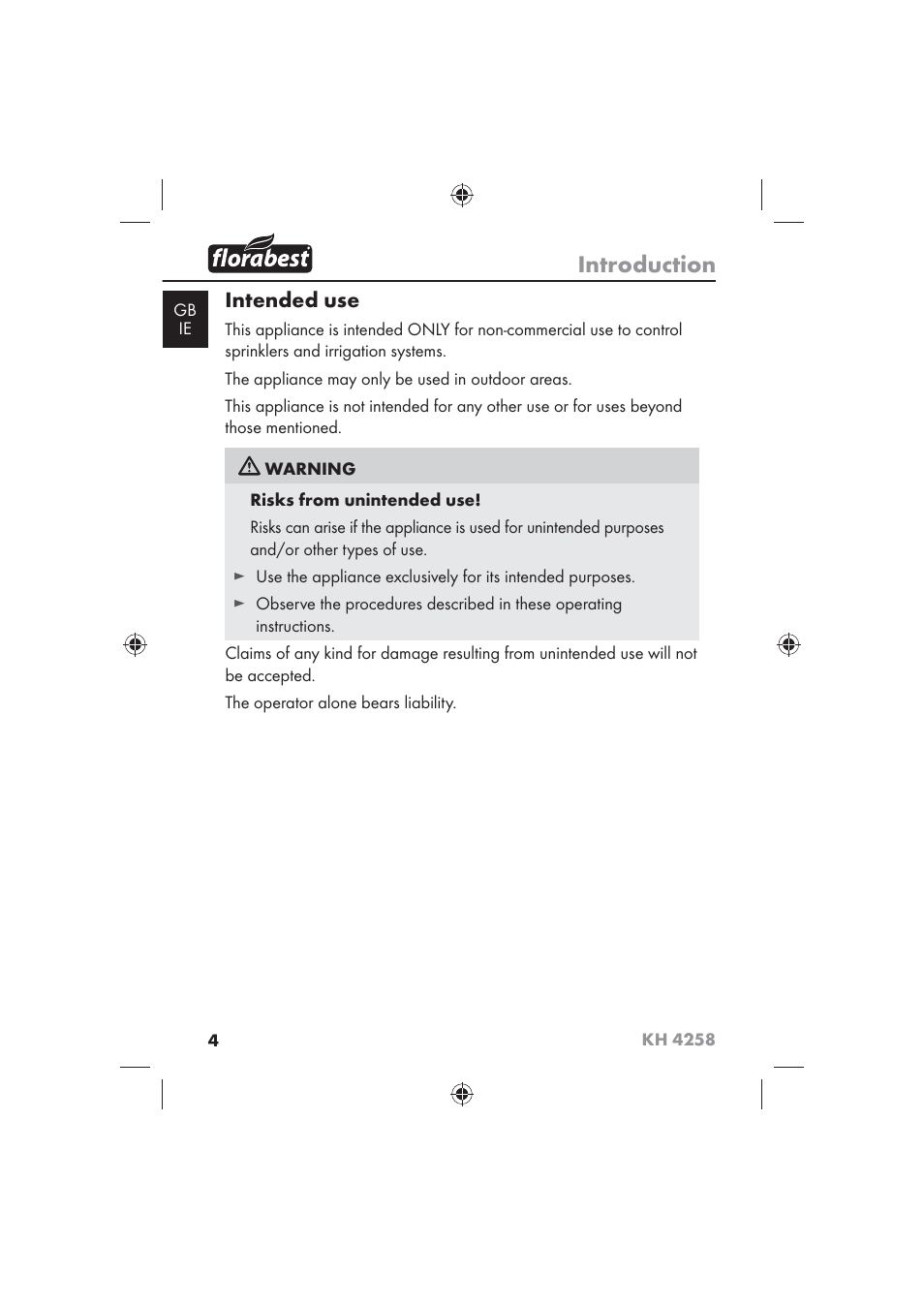 Introduction, Intended use | Florabest KH 4258 User Manual | Page 6 / 98