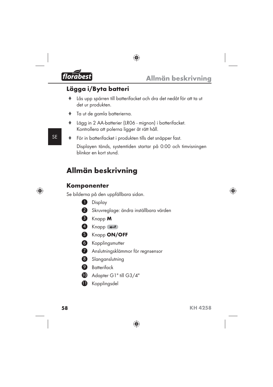 Allmän beskrivning, Lägga i/byta batteri, Komponenter | Florabest KH 4258 User Manual | Page 60 / 98