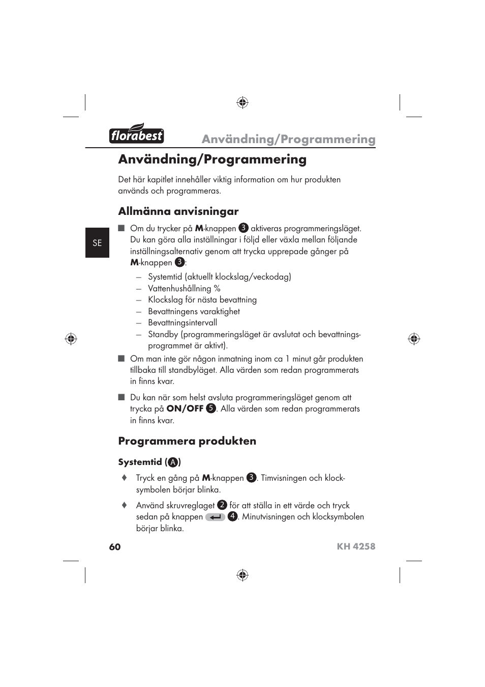 Användning/programmering, Allmänna anvisningar, Programmera produkten | Florabest KH 4258 User Manual | Page 62 / 98