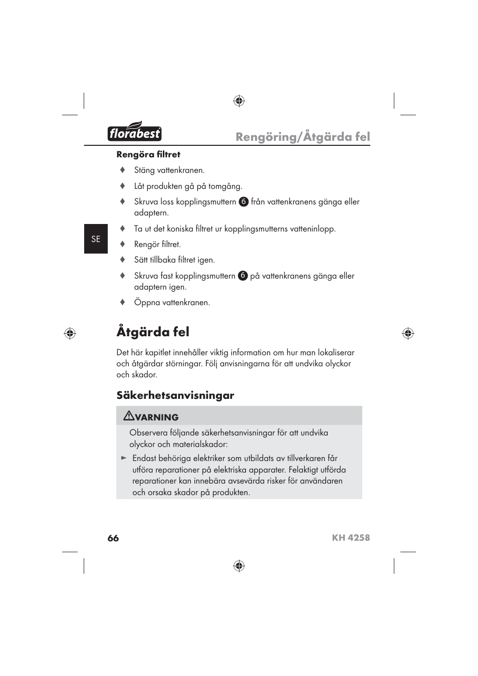 Åtgärda fel, Rengöring/åtgärda fel, Säkerhetsanvisningar | Florabest KH 4258 User Manual | Page 68 / 98