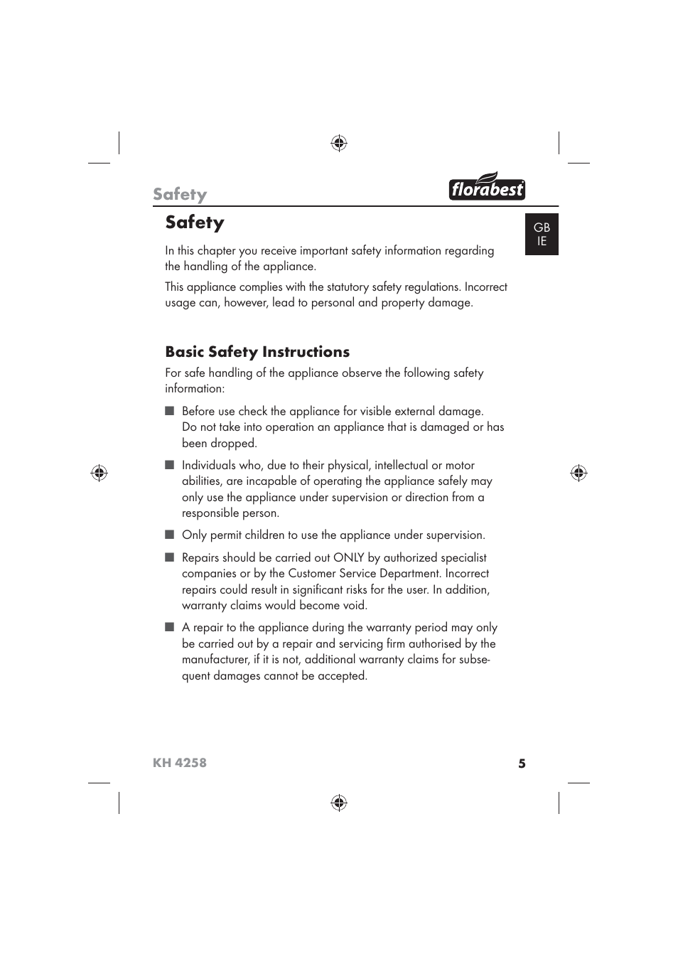 Safety, Basic safety instructions | Florabest KH 4258 User Manual | Page 7 / 98