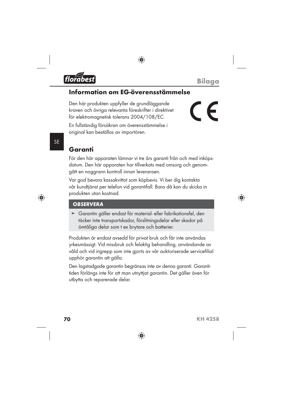 Bilaga, Information om eg-överensstämmelse, Garanti | Florabest KH 4258 User Manual | Page 72 / 98