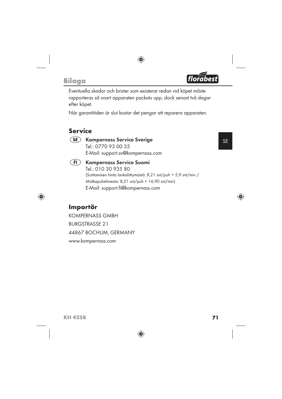 Bilaga, Service, Importör | Florabest KH 4258 User Manual | Page 73 / 98