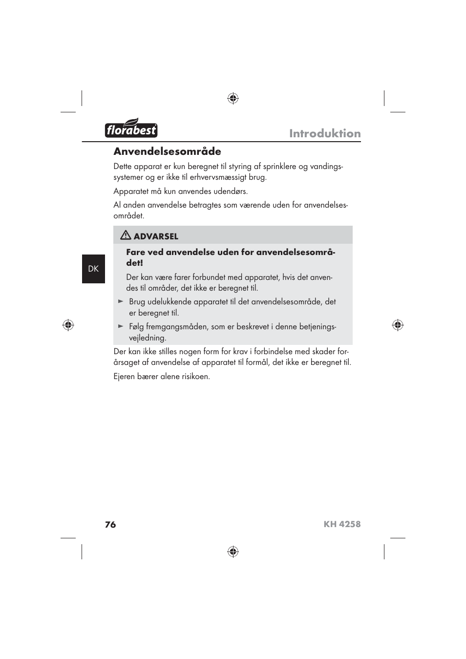 Introduktion, Anvendelsesområde | Florabest KH 4258 User Manual | Page 78 / 98