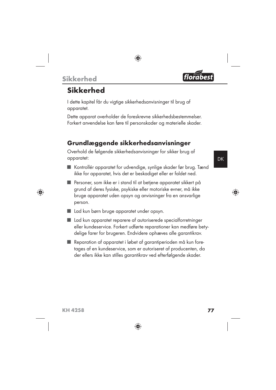 Sikkerhed, Grundlæggende sikkerhedsanvisninger | Florabest KH 4258 User Manual | Page 79 / 98