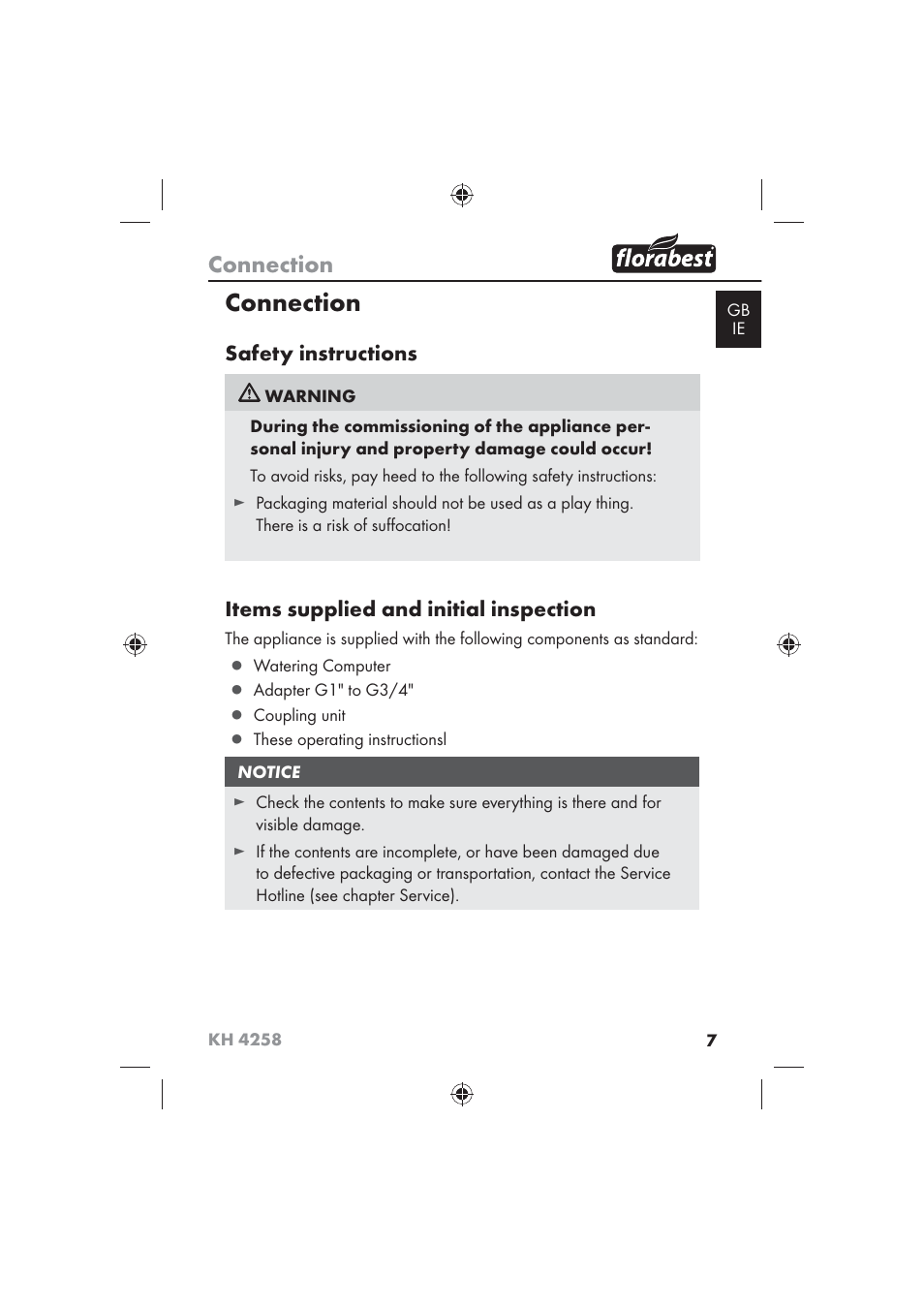 Connection, Safety instructions, Items supplied and initial inspection | Florabest KH 4258 User Manual | Page 9 / 98