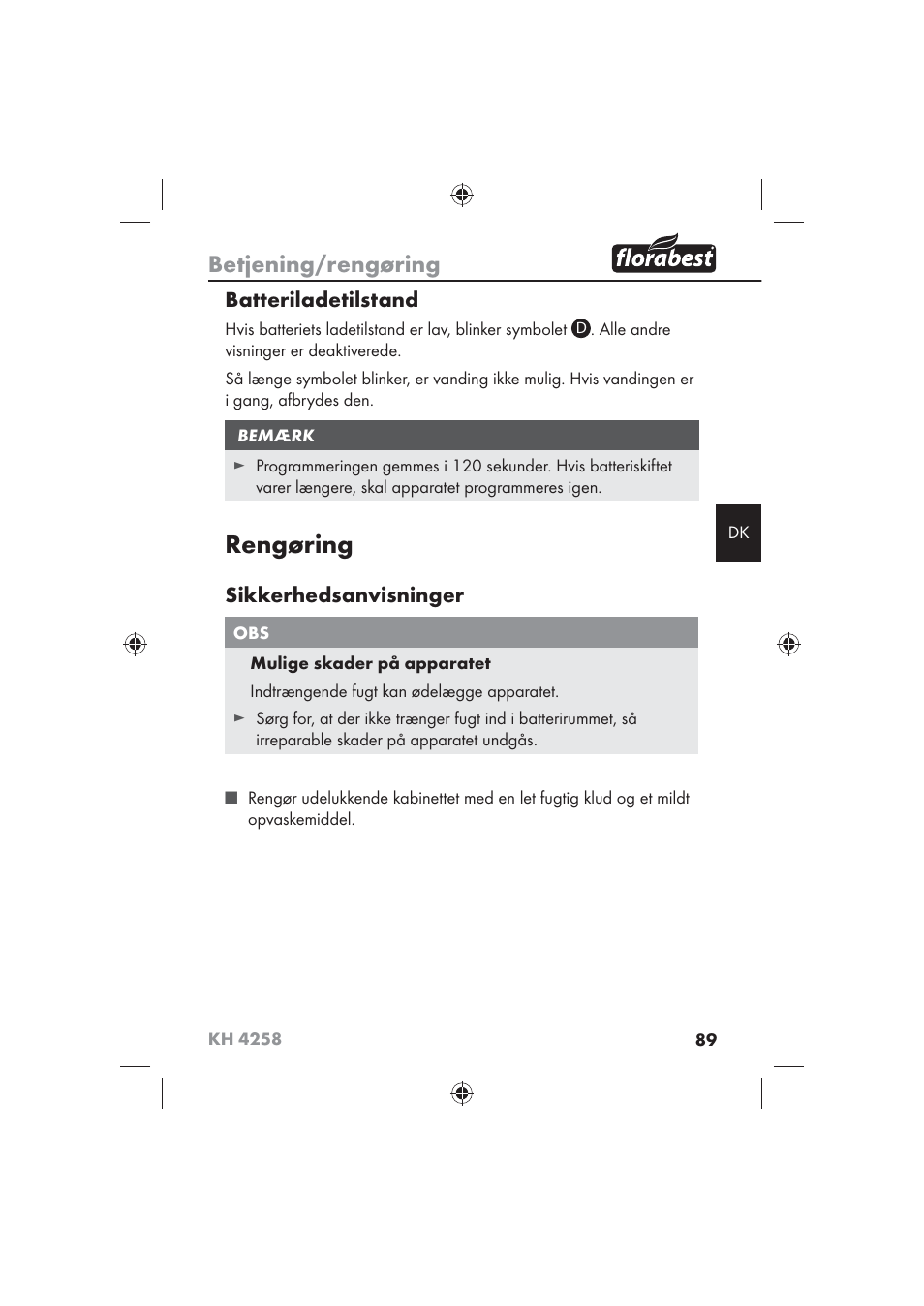 Rengøring, Betjening/rengøring, Batteriladetilstand | Sikkerhedsanvisninger | Florabest KH 4258 User Manual | Page 91 / 98