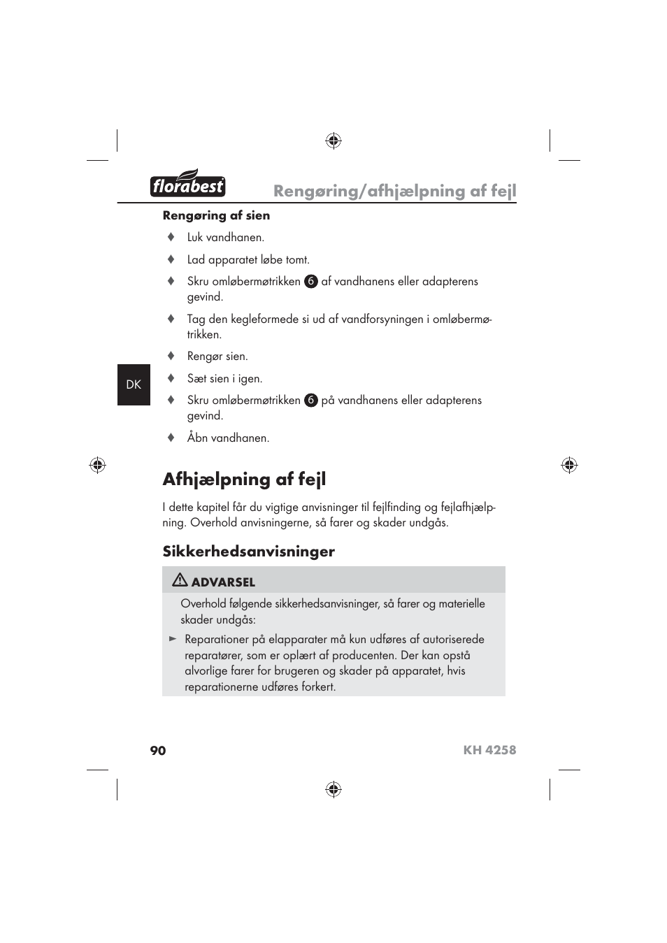 Afhjælpning af fejl, Rengøring/afhjælpning af fejl, Sikkerhedsanvisninger | Florabest KH 4258 User Manual | Page 92 / 98