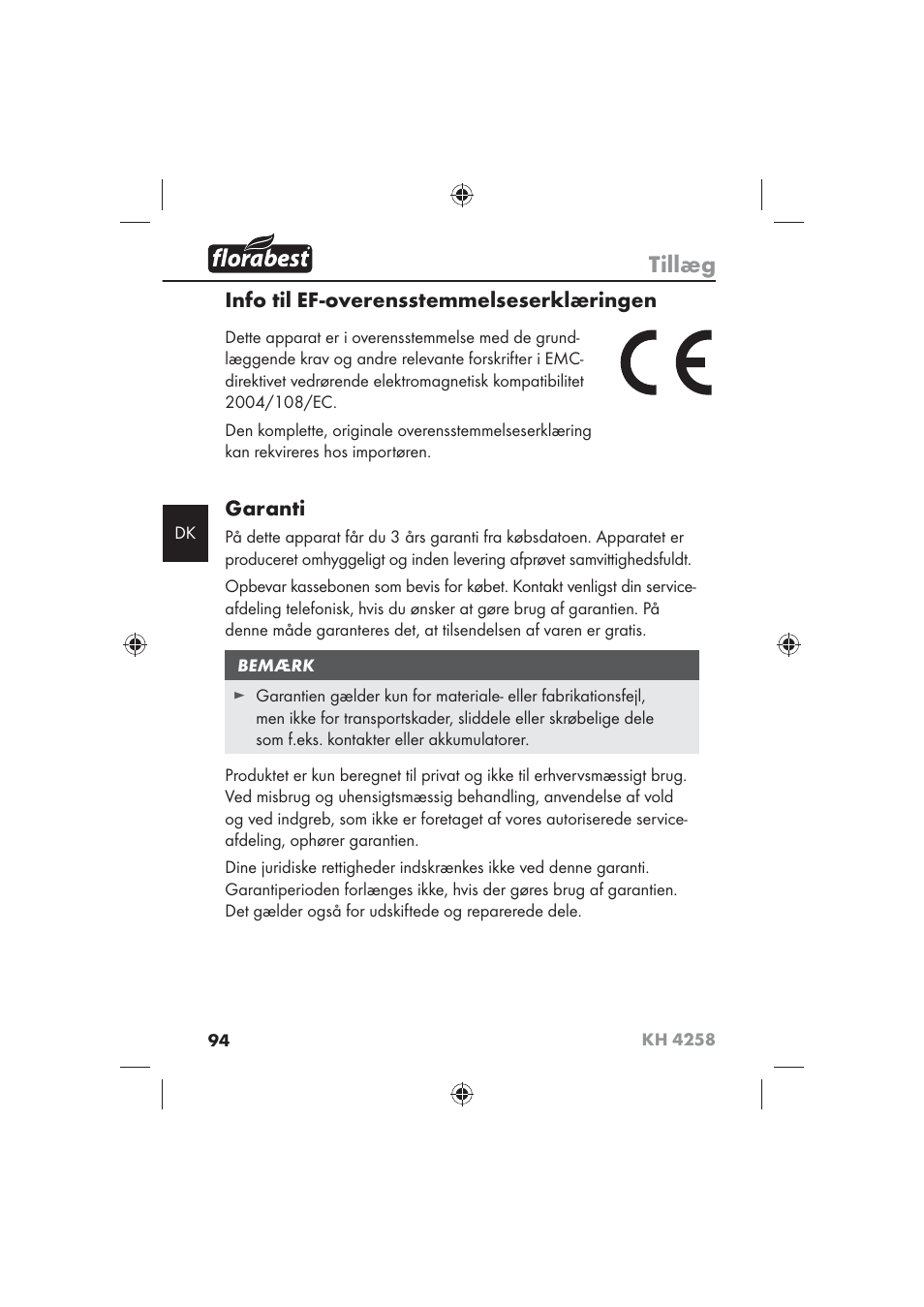 Tillæg, Info til ef-overensstemmelseserklæringen, Garanti | Florabest KH 4258 User Manual | Page 96 / 98