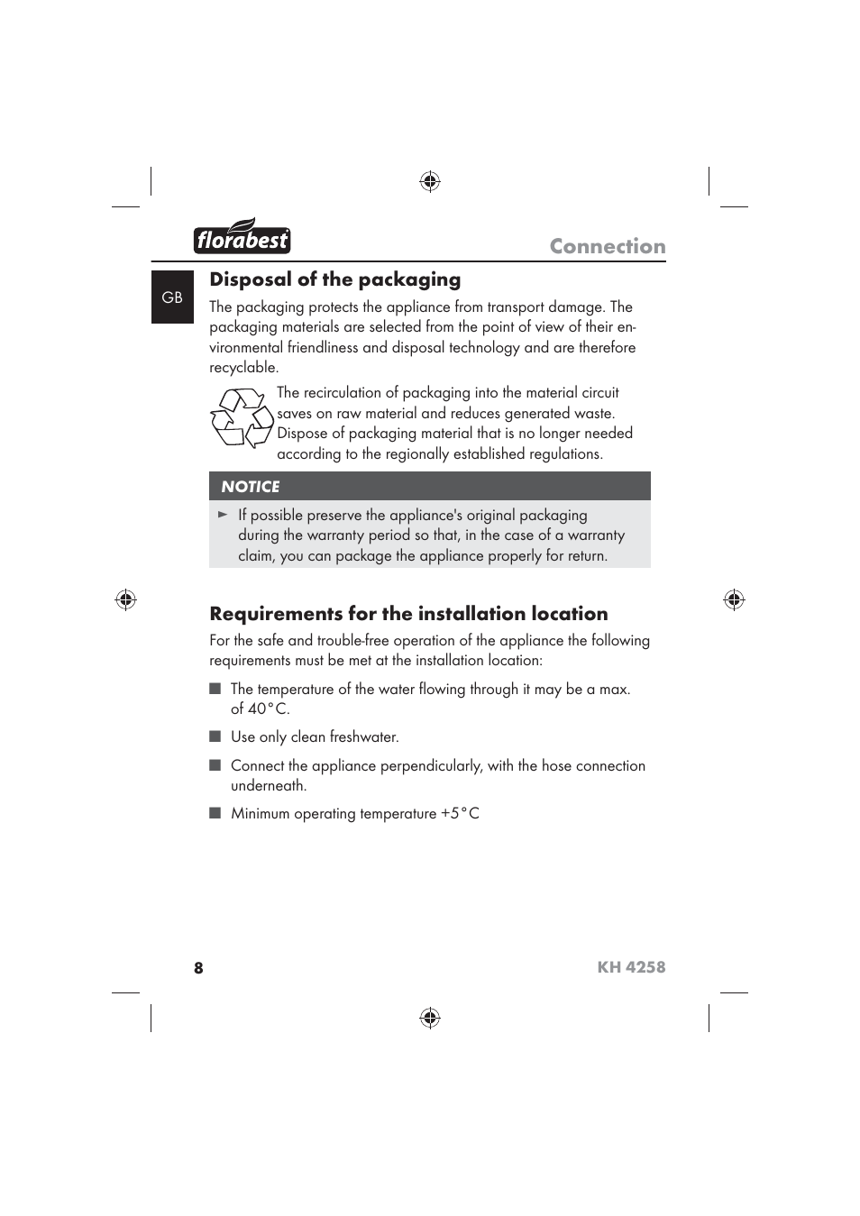 Connection, Disposal of the packaging, Requirements for the installation location | Florabest KH 4258 User Manual | Page 10 / 170