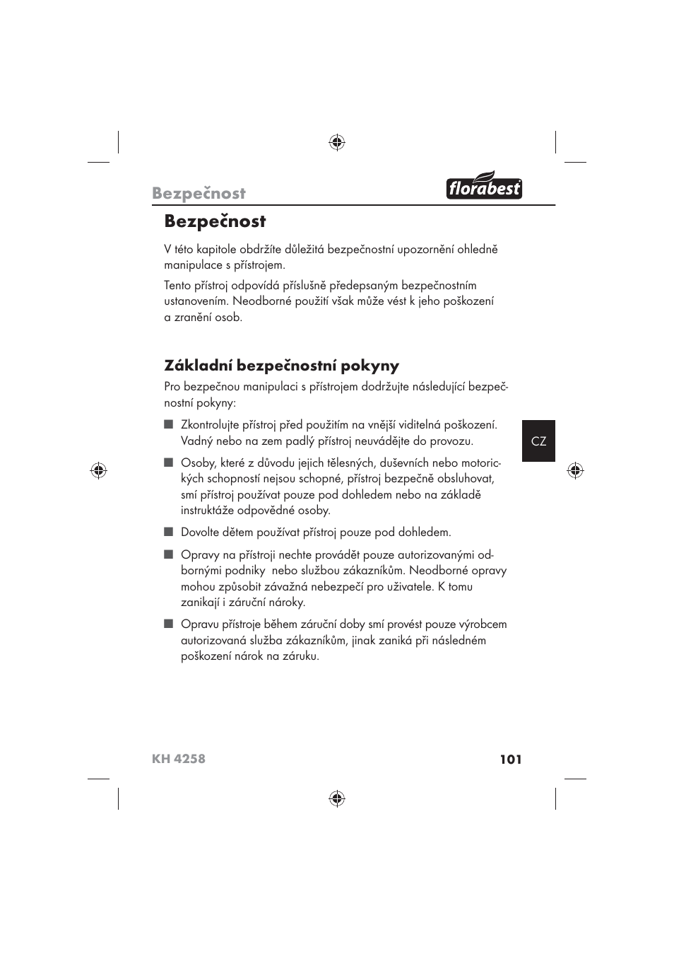 Bezpečnost, Základní bezpečnostní pokyny | Florabest KH 4258 User Manual | Page 103 / 170