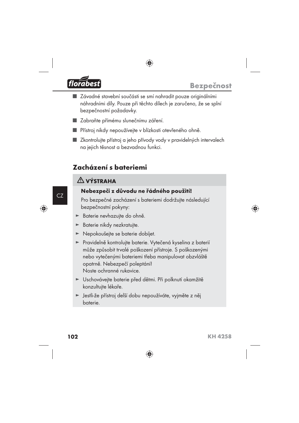 Bezpečnost, Zacházení s bateriemi | Florabest KH 4258 User Manual | Page 104 / 170