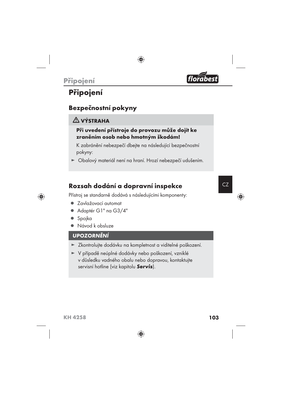 Připojení, Bezpečnostní pokyny, Rozsah dodání a dopravní inspekce | Florabest KH 4258 User Manual | Page 105 / 170