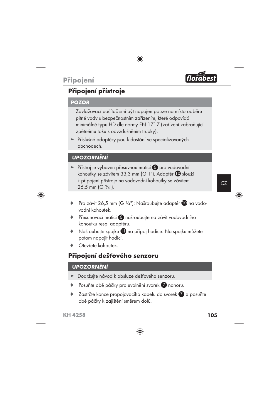 Připojení, Připojení přístroje, Připojení dešťového senzoru | Florabest KH 4258 User Manual | Page 107 / 170
