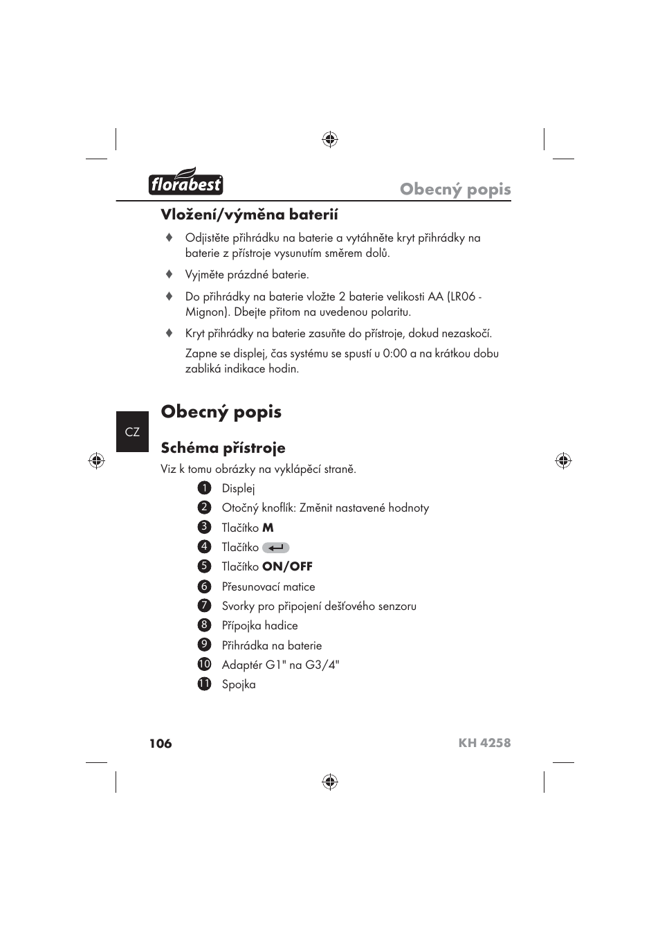 Obecný popis, Vložení/výměna baterií, Schéma přístroje | Florabest KH 4258 User Manual | Page 108 / 170