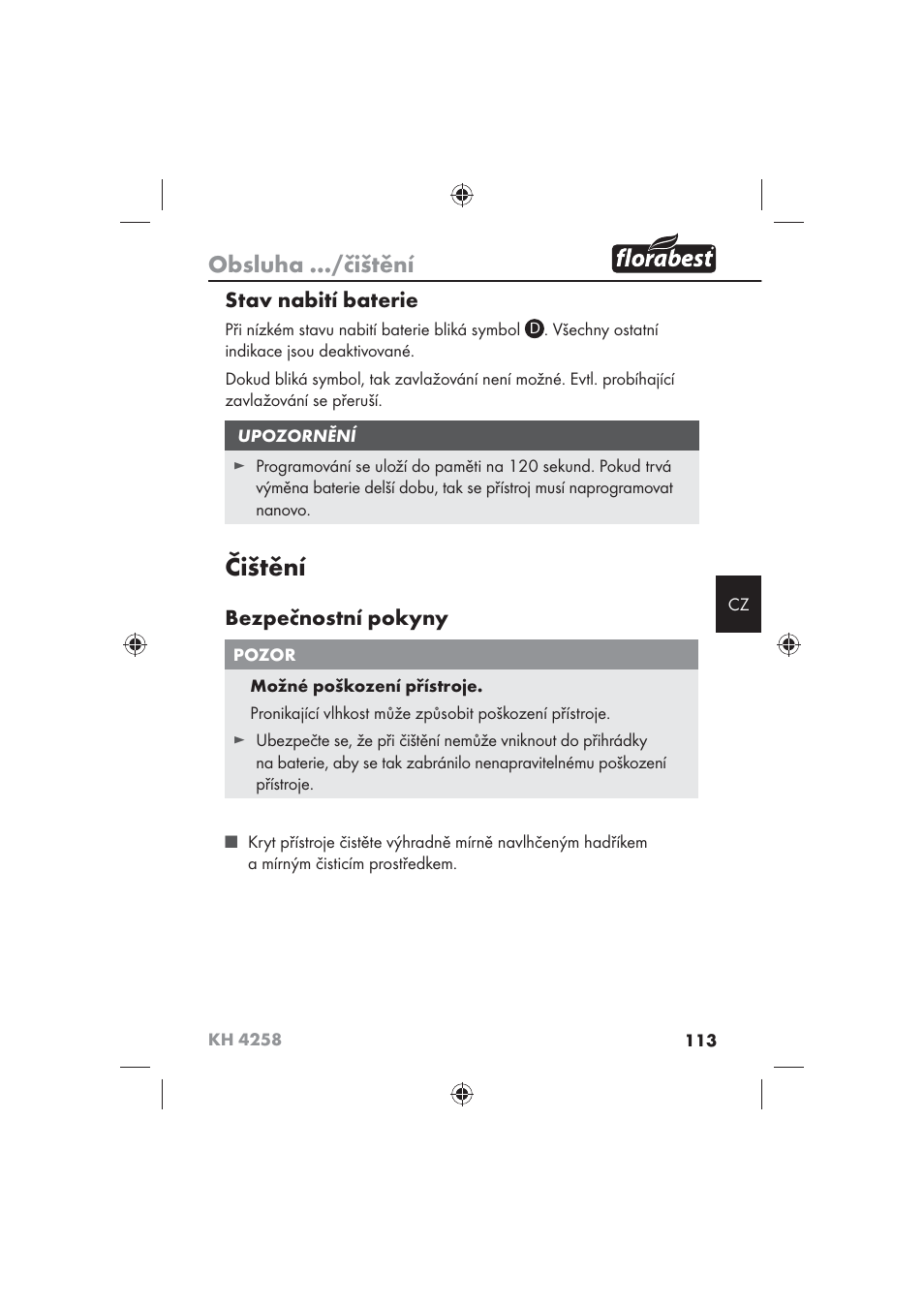 Čištění, Obsluha …/čištění, Stav nabití baterie | Bezpečnostní pokyny | Florabest KH 4258 User Manual | Page 115 / 170