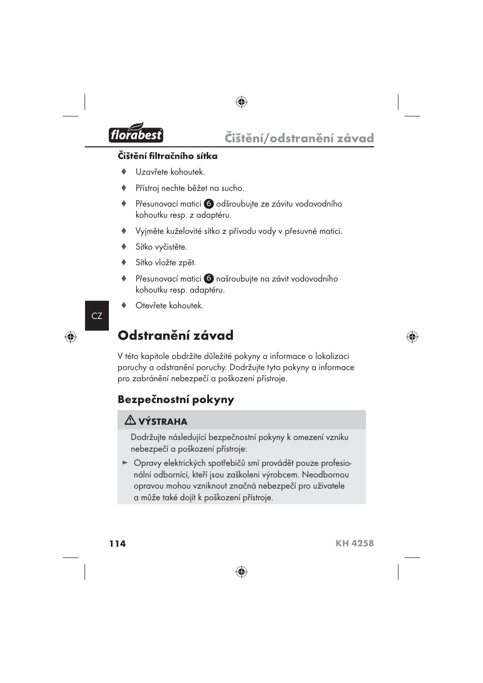 Odstranění závad, Čištění/odstranění závad, Bezpečnostní pokyny | Florabest KH 4258 User Manual | Page 116 / 170