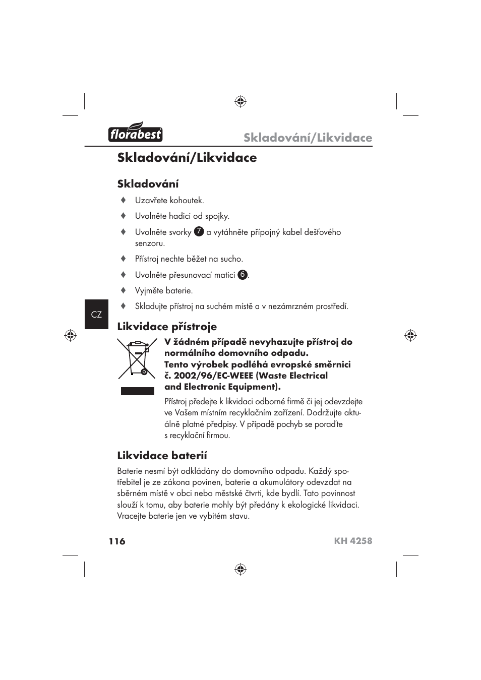 Skladování/likvidace, Skladování, Likvidace přístroje | Likvidace baterií | Florabest KH 4258 User Manual | Page 118 / 170
