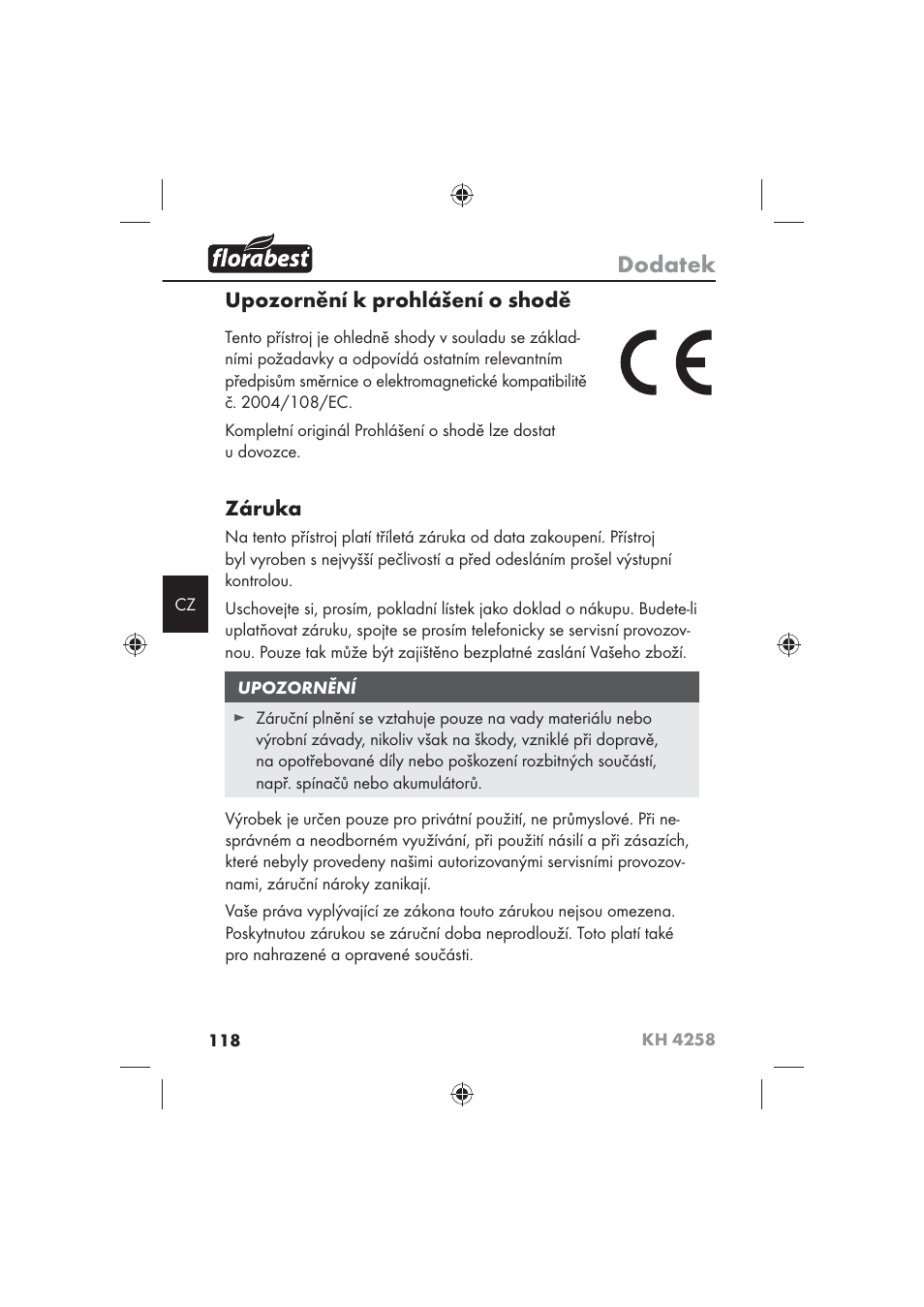 Dodatek, Upozornění k prohlášení o shodě, Záruka | Florabest KH 4258 User Manual | Page 120 / 170
