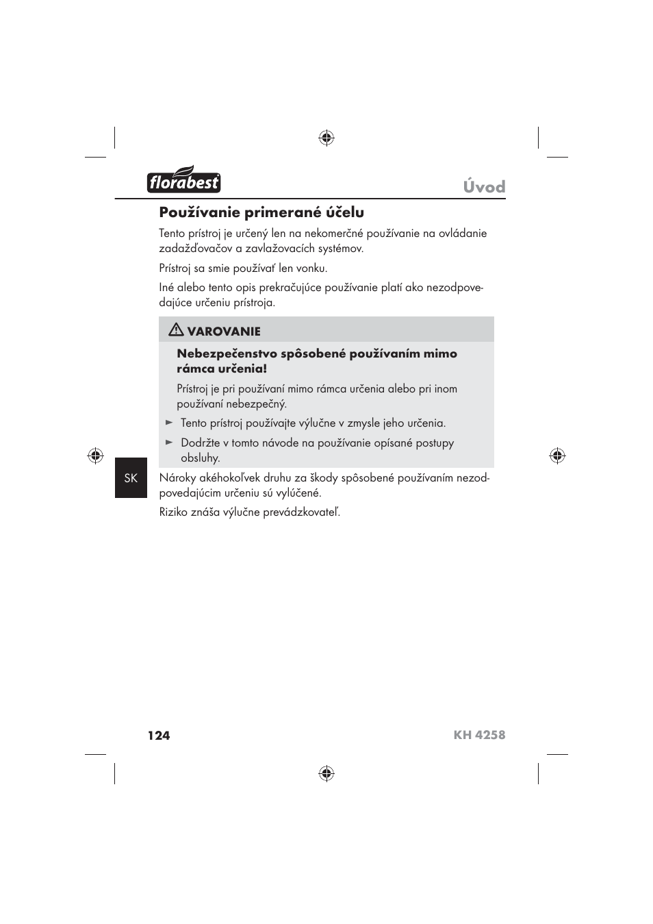 Úvod, Používanie primerané účelu | Florabest KH 4258 User Manual | Page 126 / 170