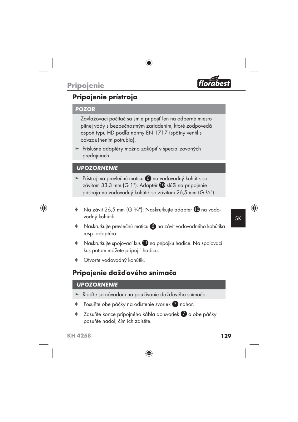 Pripojenie, Pripojenie prístroja, Pripojenie dažďového snímača | Florabest KH 4258 User Manual | Page 131 / 170
