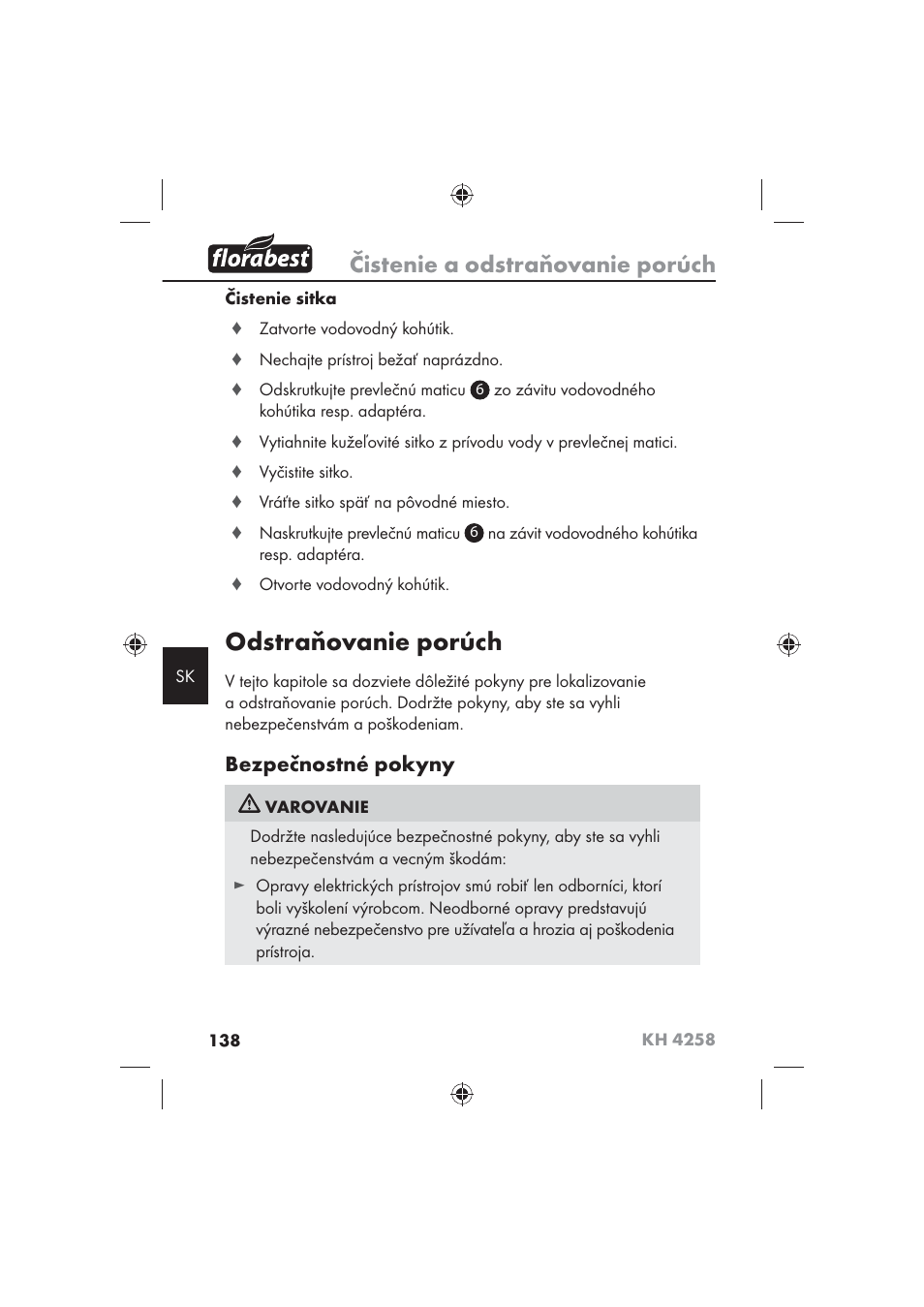 Odstraňovanie porúch, Čistenie a odstraňovanie porúch, Bezpečnostné pokyny | Florabest KH 4258 User Manual | Page 140 / 170