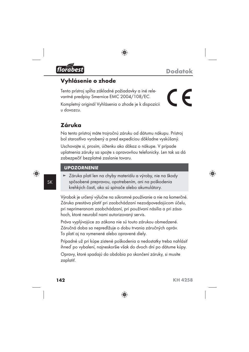 Dodatok, Vyhlásenie o zhode, Záruka | Florabest KH 4258 User Manual | Page 144 / 170