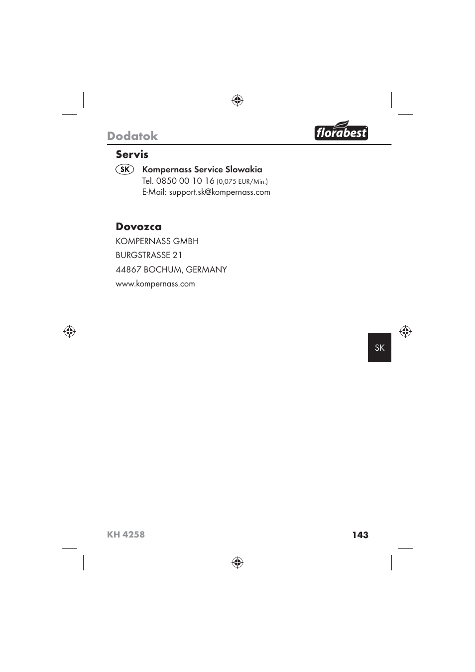 Dodatok, Servis, Dovozca | Florabest KH 4258 User Manual | Page 145 / 170