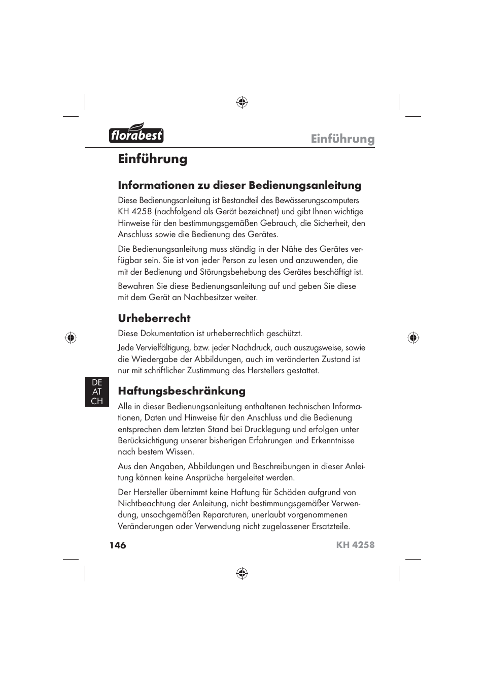 Einführung, Informationen zu dieser bedienungsanleitung, Urheberrecht | Haftungsbeschränkung | Florabest KH 4258 User Manual | Page 148 / 170