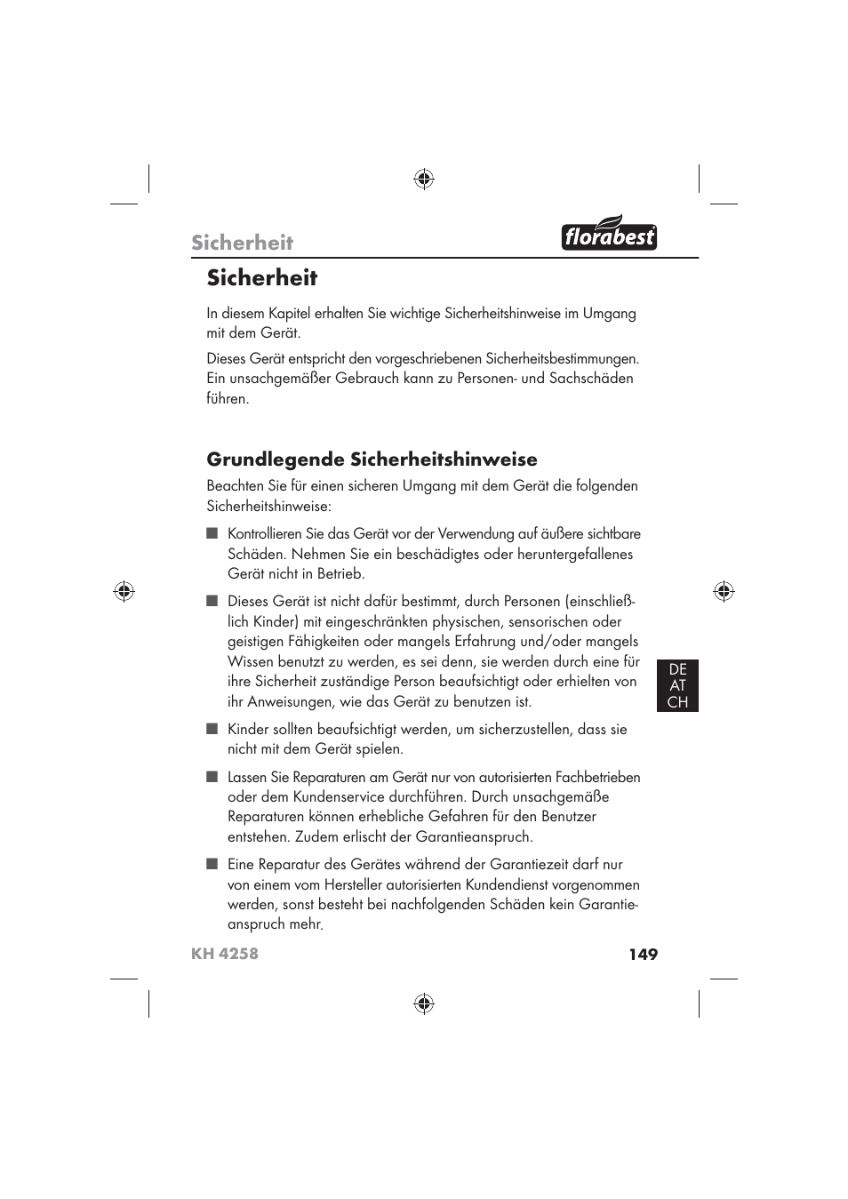 Sicherheit, Grundlegende sicherheitshinweise | Florabest KH 4258 User Manual | Page 151 / 170