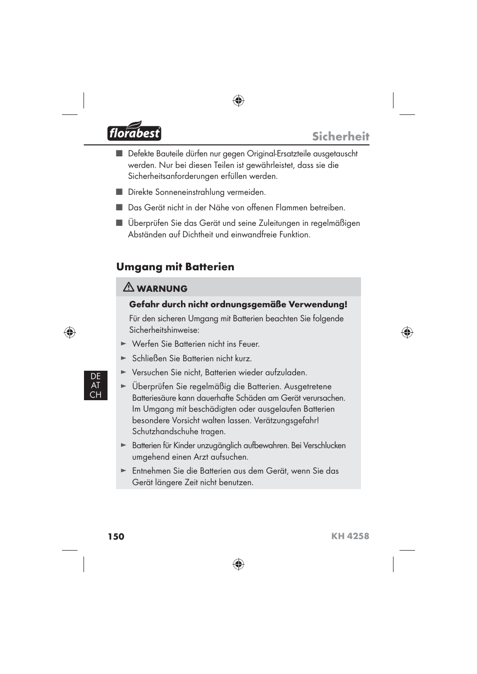 Sicherheit, Umgang mit batterien | Florabest KH 4258 User Manual | Page 152 / 170