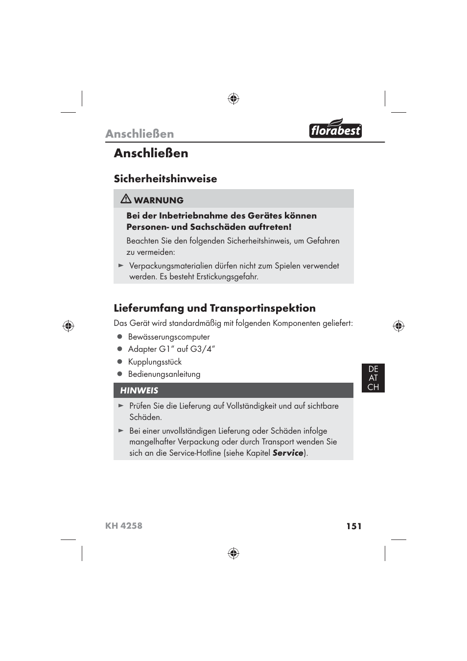 Anschließen, Sicherheitshinweise, Lieferumfang und transportinspektion | Florabest KH 4258 User Manual | Page 153 / 170