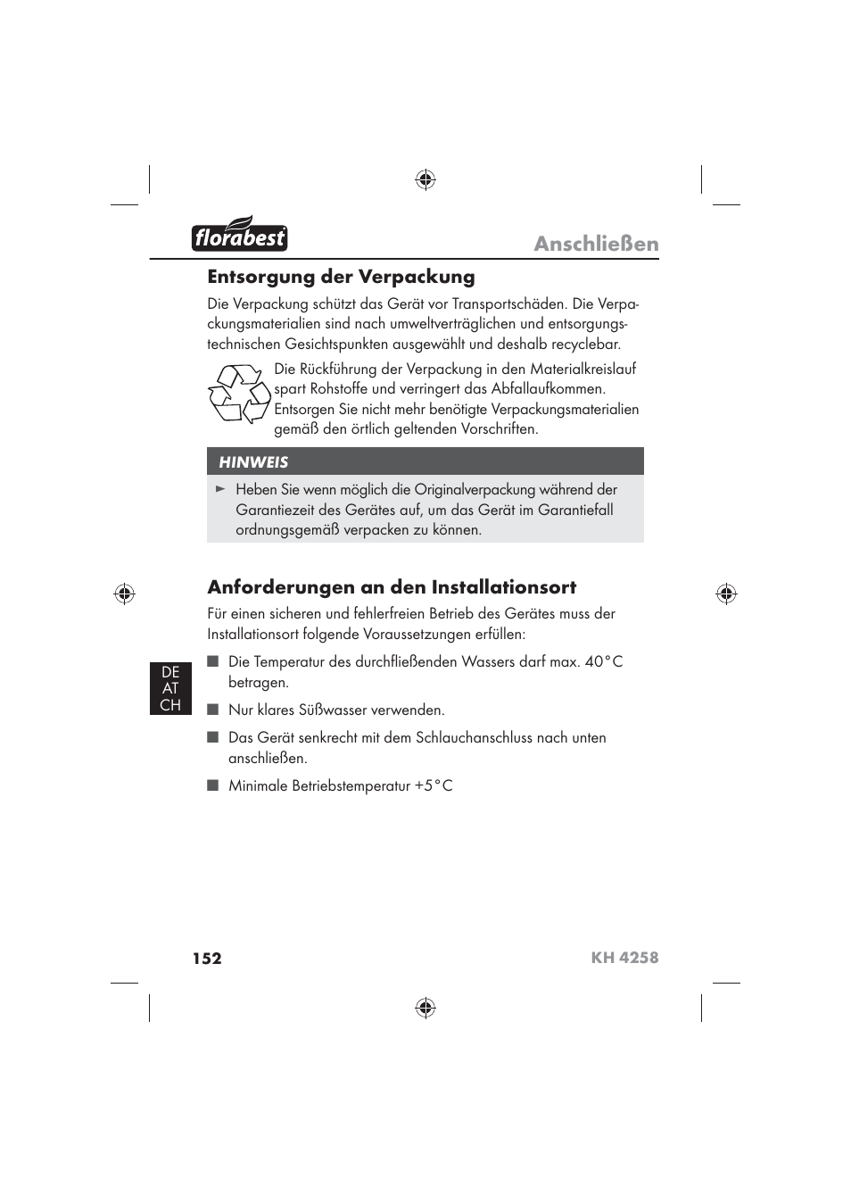 Anschließen, Entsorgung der verpackung, Anforderungen an den installationsort | Florabest KH 4258 User Manual | Page 154 / 170
