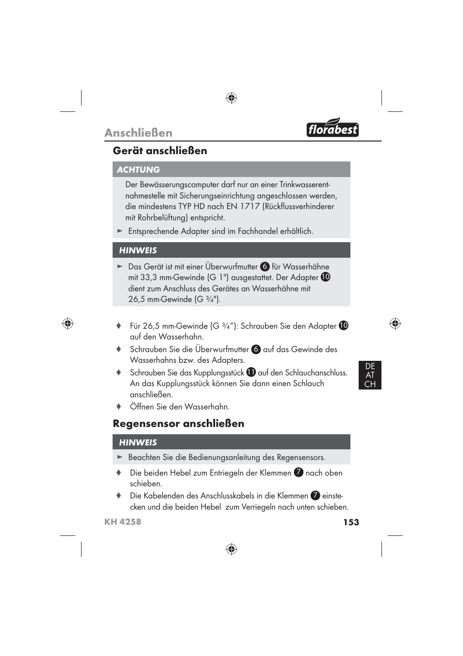 Anschließen, Gerät anschließen, Regensensor anschließen | Florabest KH 4258 User Manual | Page 155 / 170