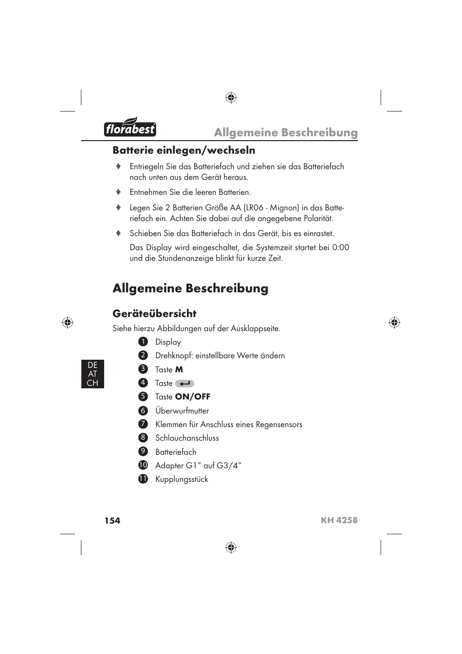 Allgemeine beschreibung, Batterie einlegen/wechseln, Geräteübersicht | Florabest KH 4258 User Manual | Page 156 / 170