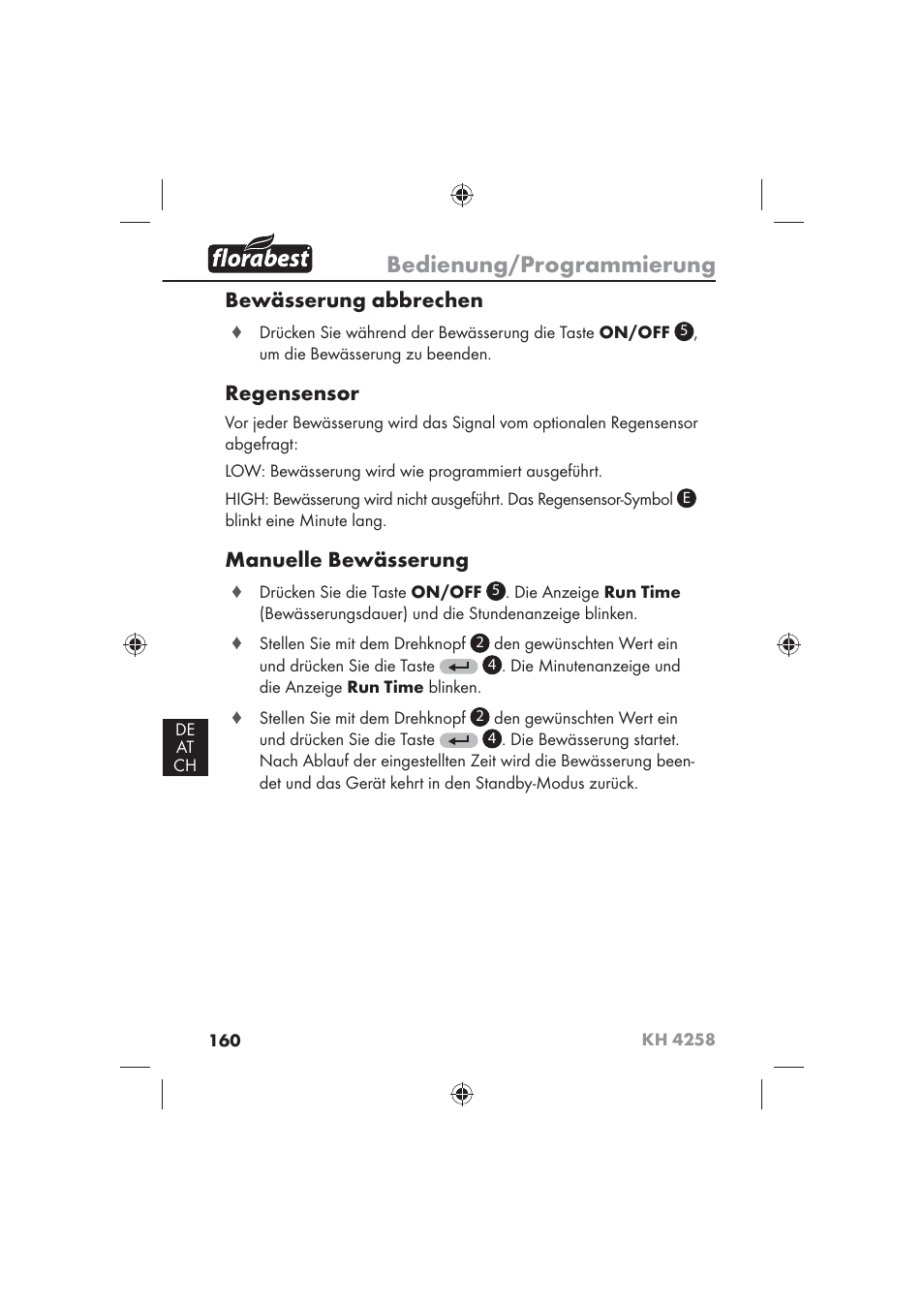 Bedienung/programmierung, Bewässerung abbrechen, Regensensor | Manuelle bewässerung | Florabest KH 4258 User Manual | Page 162 / 170