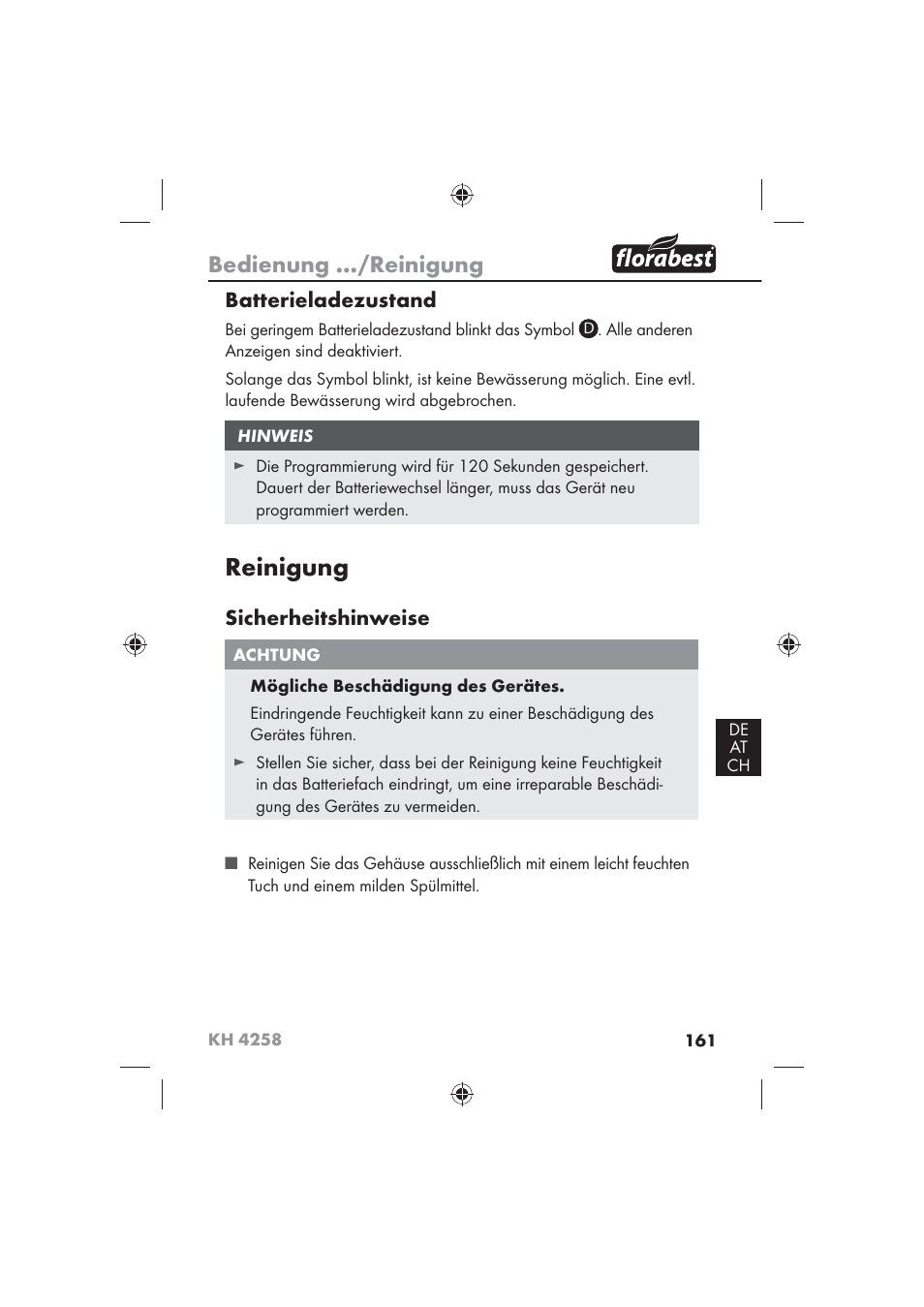 Reinigung, Bedienung .../reinigung, Batterieladezustand | Sicherheitshinweise | Florabest KH 4258 User Manual | Page 163 / 170