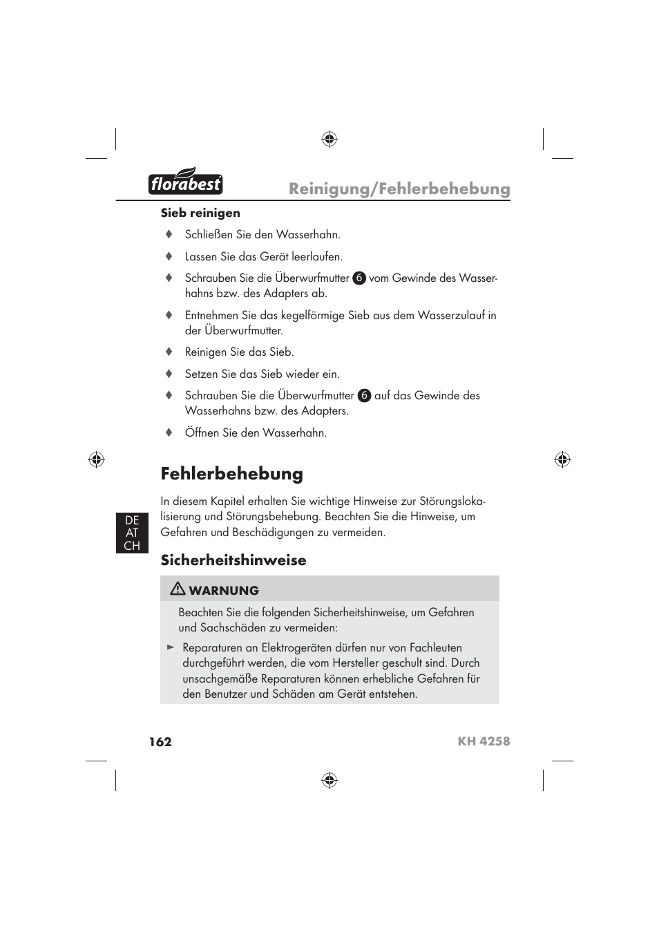 Fehlerbehebung, Reinigung/fehlerbehebung, Sicherheitshinweise | Florabest KH 4258 User Manual | Page 164 / 170