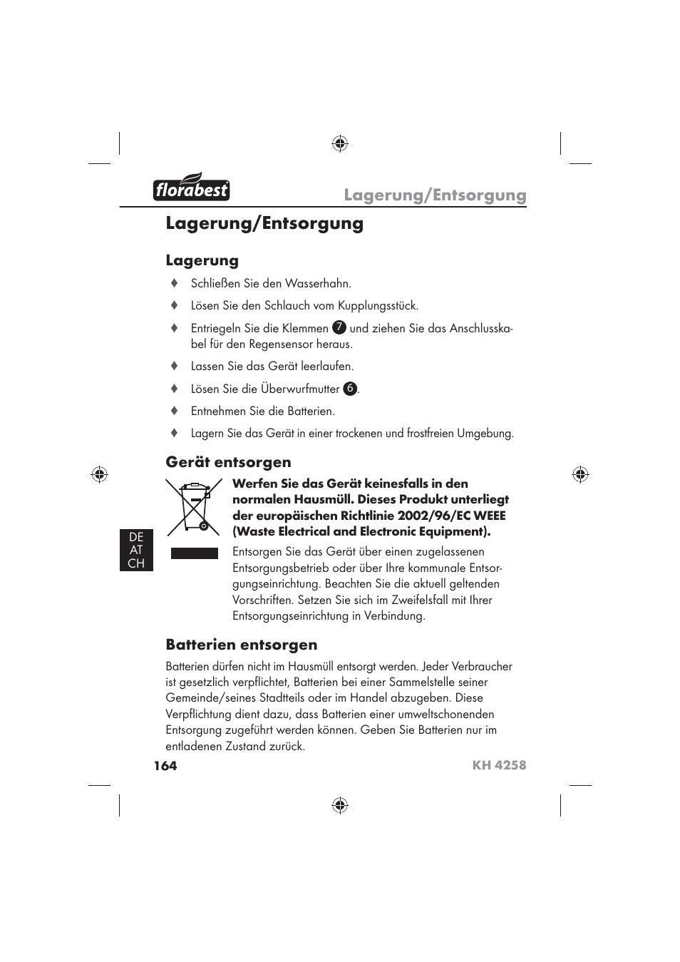 Lagerung/entsorgung, Lagerung, Gerät entsorgen | Batterien entsorgen | Florabest KH 4258 User Manual | Page 166 / 170