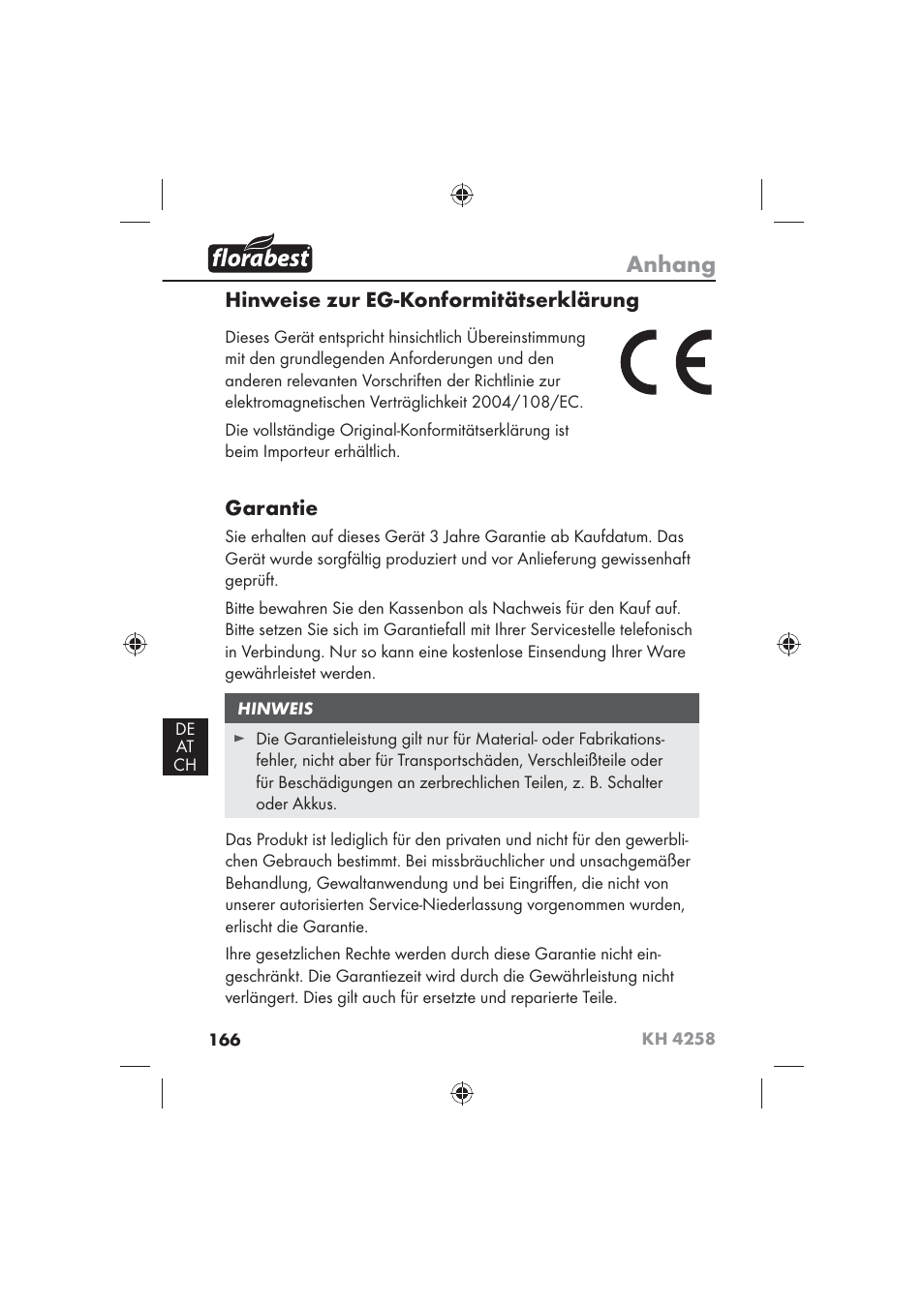 Anhang, Hinweise zur eg-konformitätserklärung, Garantie | Florabest KH 4258 User Manual | Page 168 / 170