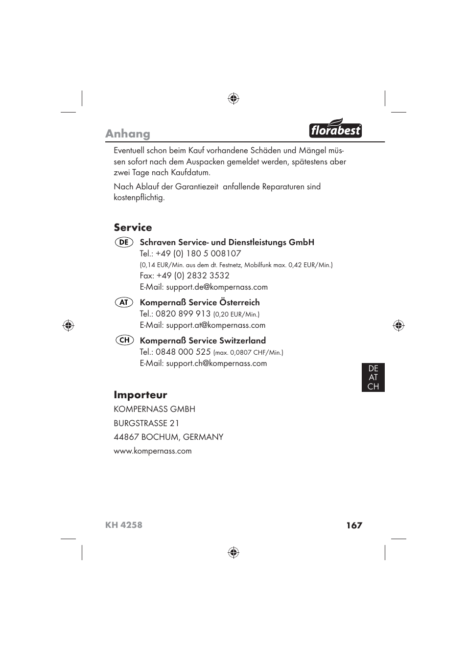 Anhang, Service, Importeur | Florabest KH 4258 User Manual | Page 169 / 170